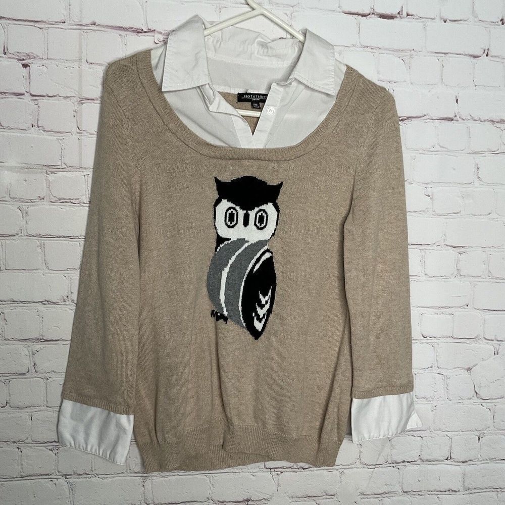 Notations Women's Owl Print Faux Collar‎ Cuff Knit Long Sleeve Sweater Size PM